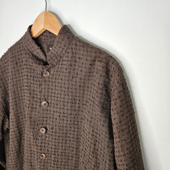 Eskandar Linen Mandarin Collar Textured Shirt Jacket Button Front Brown - Picture 3 of 12